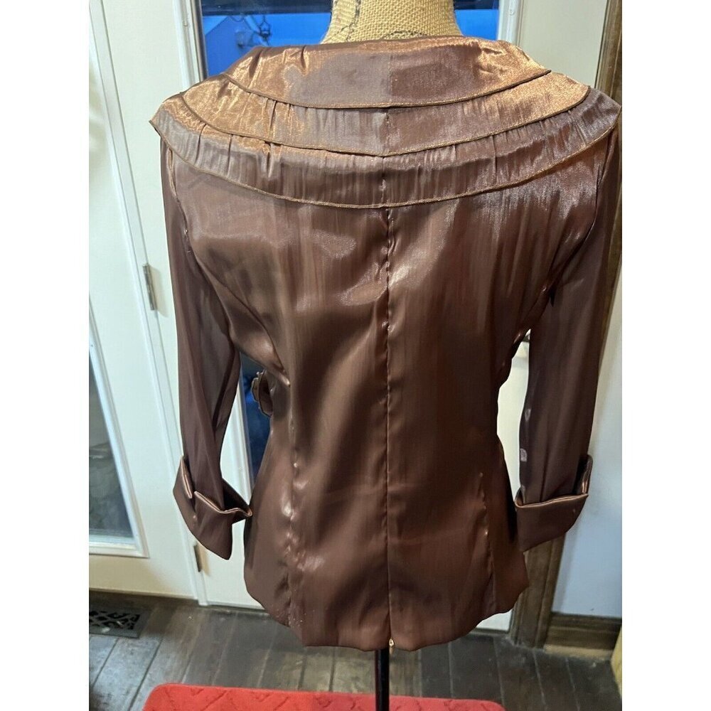 90s cachet copper brown silky,‎ crop crossover jacket/blouse, rare, vintage Sz 6 - Picture 3 of 5